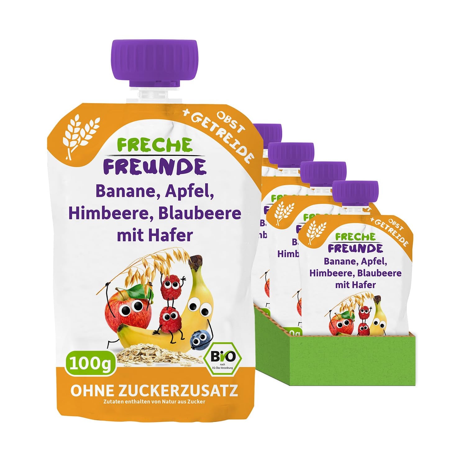 FRECHE FREUNDE Bio-Früchtebeutel Banane, Apfel, Himbeere, Heidelbeere mit Hafer, Fruchtpüree mit Müsli im Quetschbeutel für Babys ab 6 Monaten, vegan, 6er Pack (6 x 100 g)