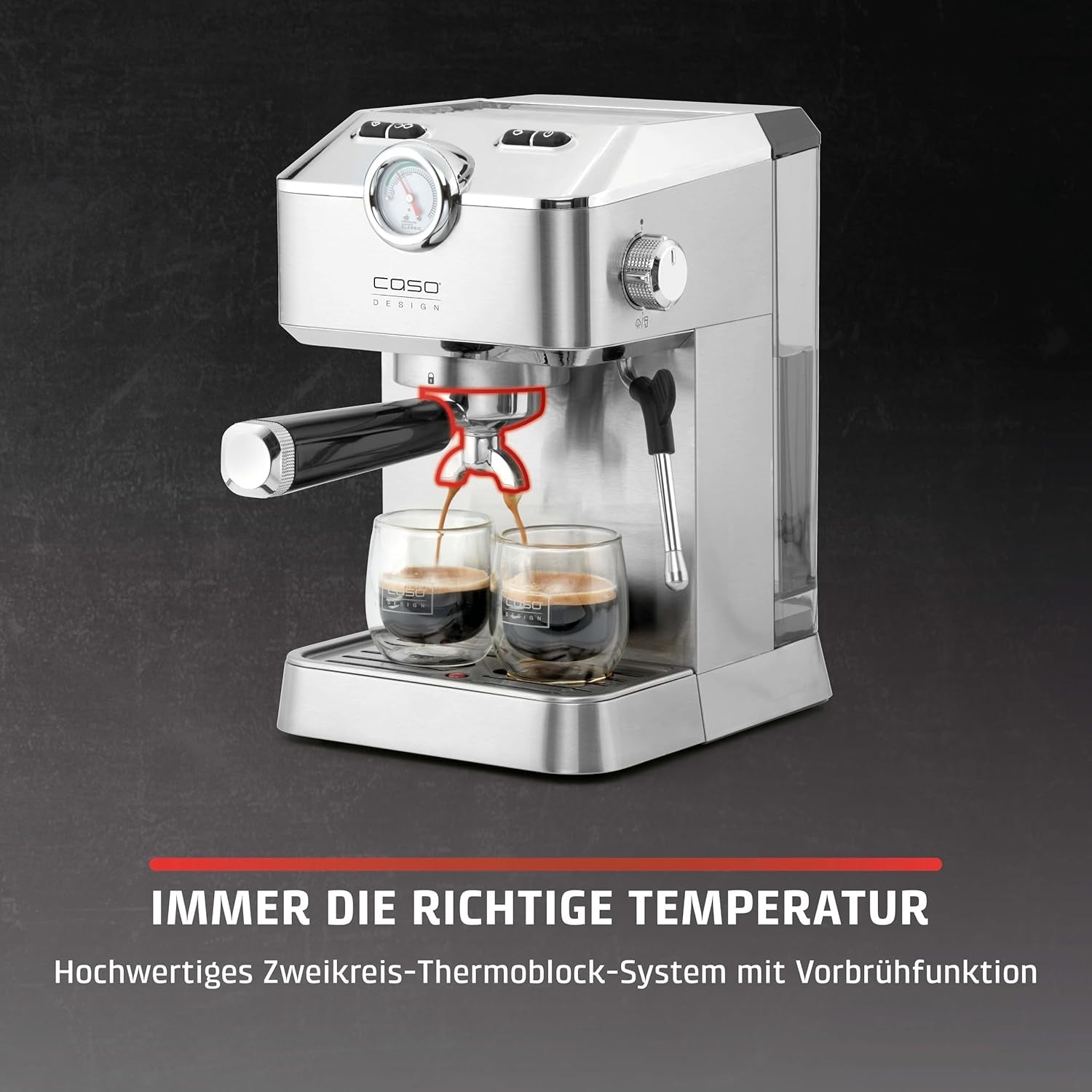 Caso Espresso Gourmet - Espressor portafiltru din oțel inoxidabil, pompă Ulka puternică de 19 bari, cu spumator de lapte, pentru cafea măcinată sau capsule de cafea ESE, pentru 2 cești, cu încălzitor de cești