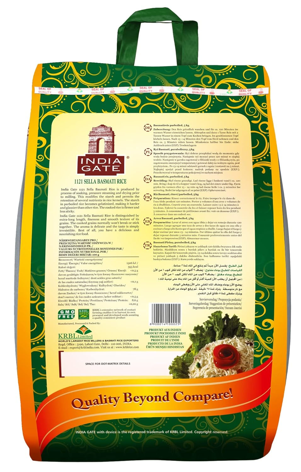 INDIA GATE Sella Basmatireis, vorgekocht (aus Indien, feines Langkorn), aromatisiert, Großpackung – 1 Packung (1 x 5 kg)