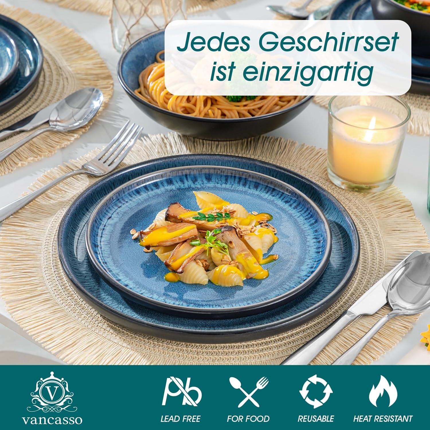 Set de veselă pentru 6 persoane, set de veselă din gresie Vancasso PLAYA, 24 de piese pentru 6 persoane, albastru, inclusiv farfurii, farfurii de sumă, boluri și farfurii de salată, potrivit pentru mașina de spălat vase și cuptorul cu microunde