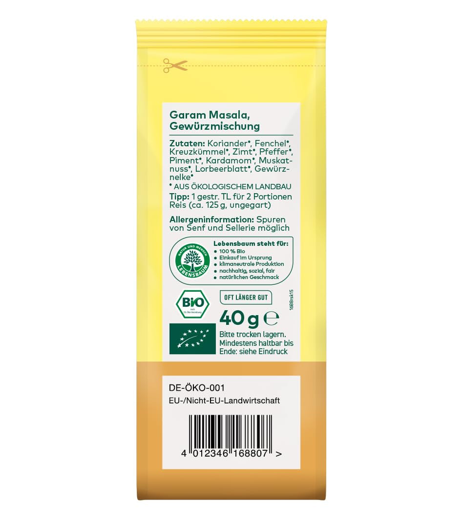 Lebensbaum Garam Masala, Bio-Gewürz zum Würzen von Currys, Reis und Geflügel mit würzig-wärmeren und angehenden pfeffrigen Noten, 40 g