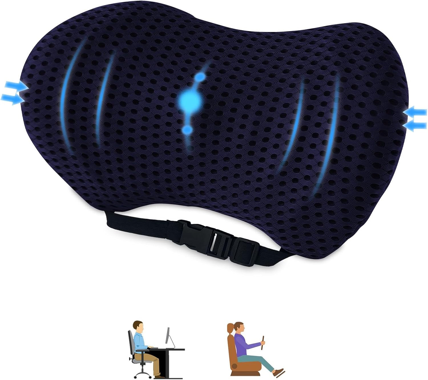 Aipwerer pernă lombară pentru spate, pernă de susținere lombară pentru scaun de birou și scaun auto, pernă de susținere pentru spate din spumă de memorie cu curea reglabilă, pernă lombară ergonomică pentru scaune auto, scaun de birou Perne lombare Naty Shop Albastru marin