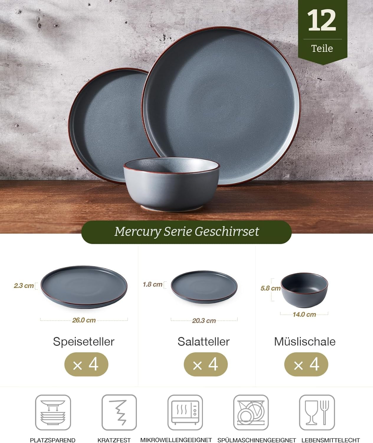Set de veselă Mercury, set de farfurii cu 12 piese, set de veselă din gresie pentru 4 persoane cu farfurii de cină, farfurii de desert, boluri pentru cereale, potrivit pentru cuptorul cu microunde și mașina de spălat vase, gri cărbune