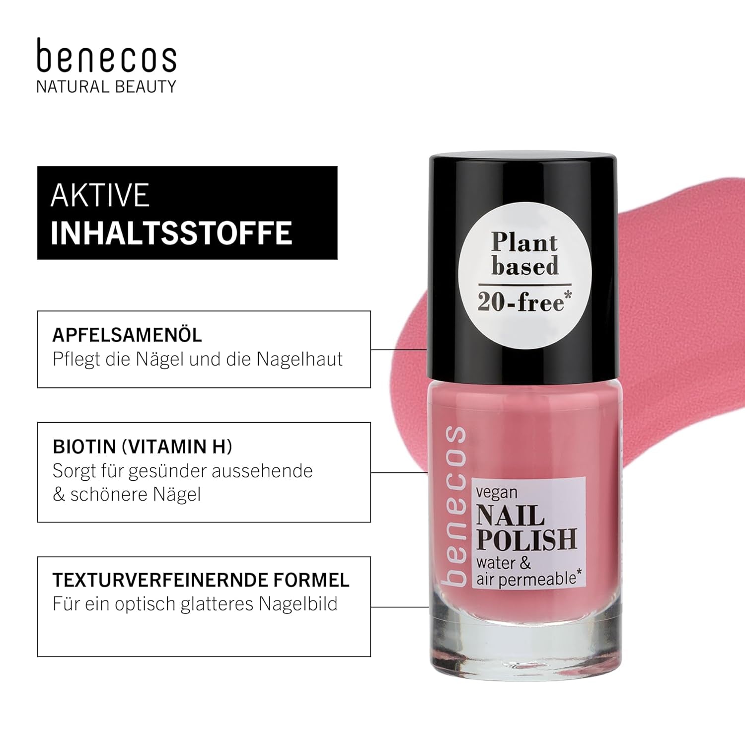Benecos 20-Free Vegan Nail Polish Bubble Gum – pflanzlicher Nagellack – schnell trocknend und langlebig – wasserdurchlässig – angereichert mit Biotin – 5 ml