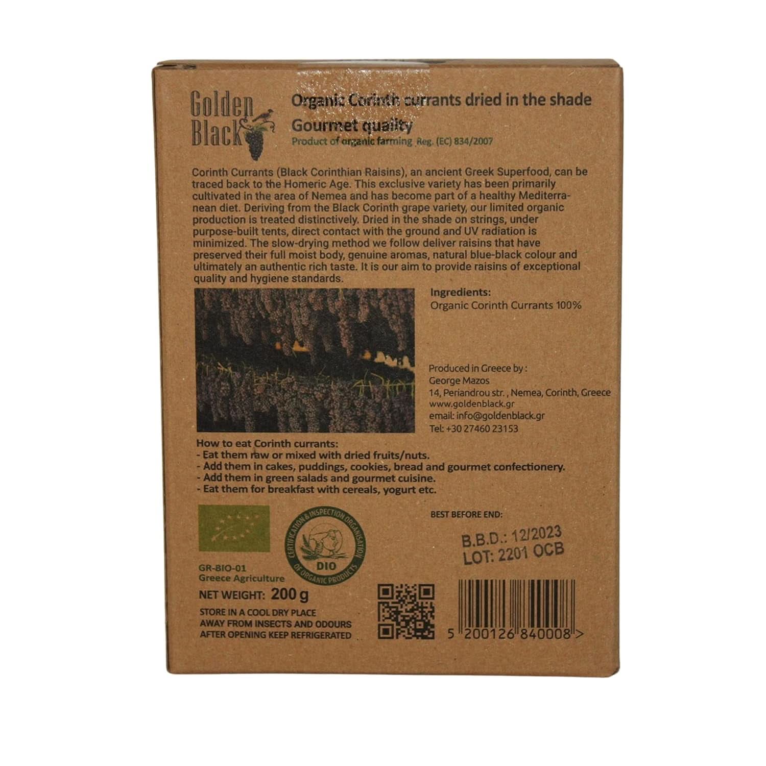 Bio-griechische schwarze Rosinen – Johannisbeeren, Packung mit 3 x 200 Gramm. Dehydrierte Produkte Naty Shop