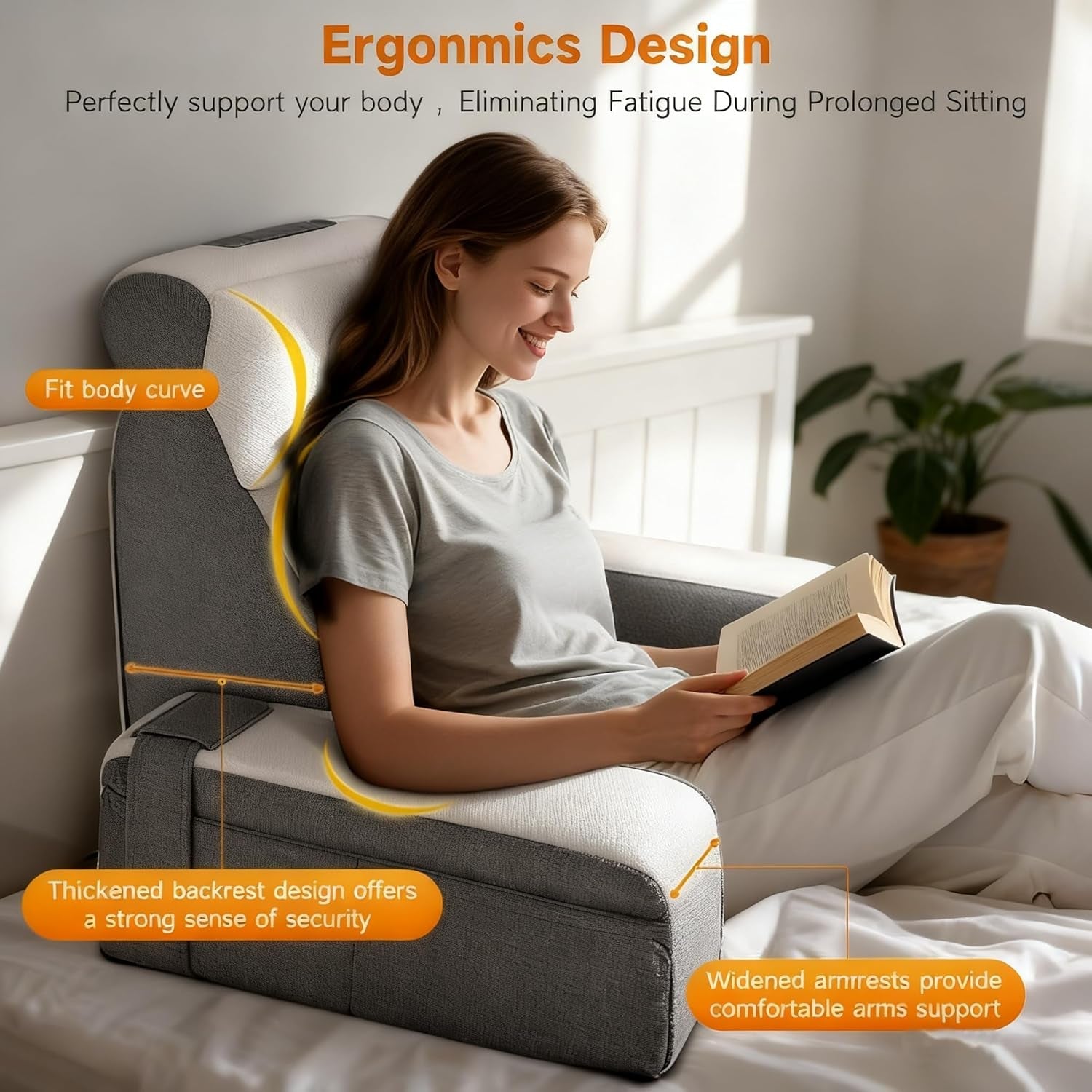 Pernă mare de citit cu suport pentru gât și cotiere detașabile, pernă pentru spate pentru pat, pernă ergonomică pentru spătar cu braț, buzunar și husă lavabilă pentru citit și vizionat la televizor.