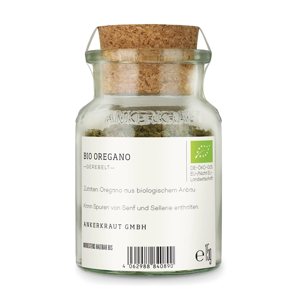 Ankerkraut BIO Oregano, gerebeltes Küchen-Kraut, 15 g im Korkglas, Bio-Qualität zum selber Sürzen, Gewürz mediterrane Küche für Pizza & Pasta