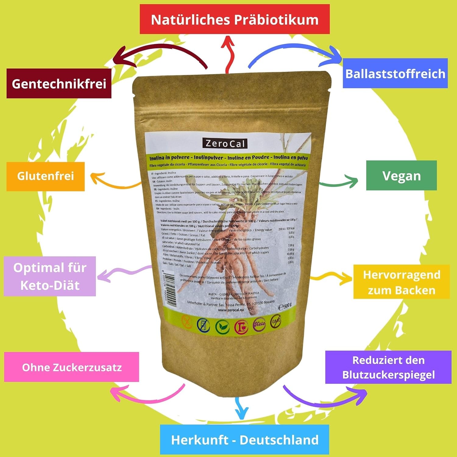 Zerocal - Inulinpulver aus Chicorée-Wurzel 500 G | Inulin mit hohem Ballaststoffgehalt | 100 % vegan und glutenfrei | Herkunft Deutschland Süßstoffe Naty Shop