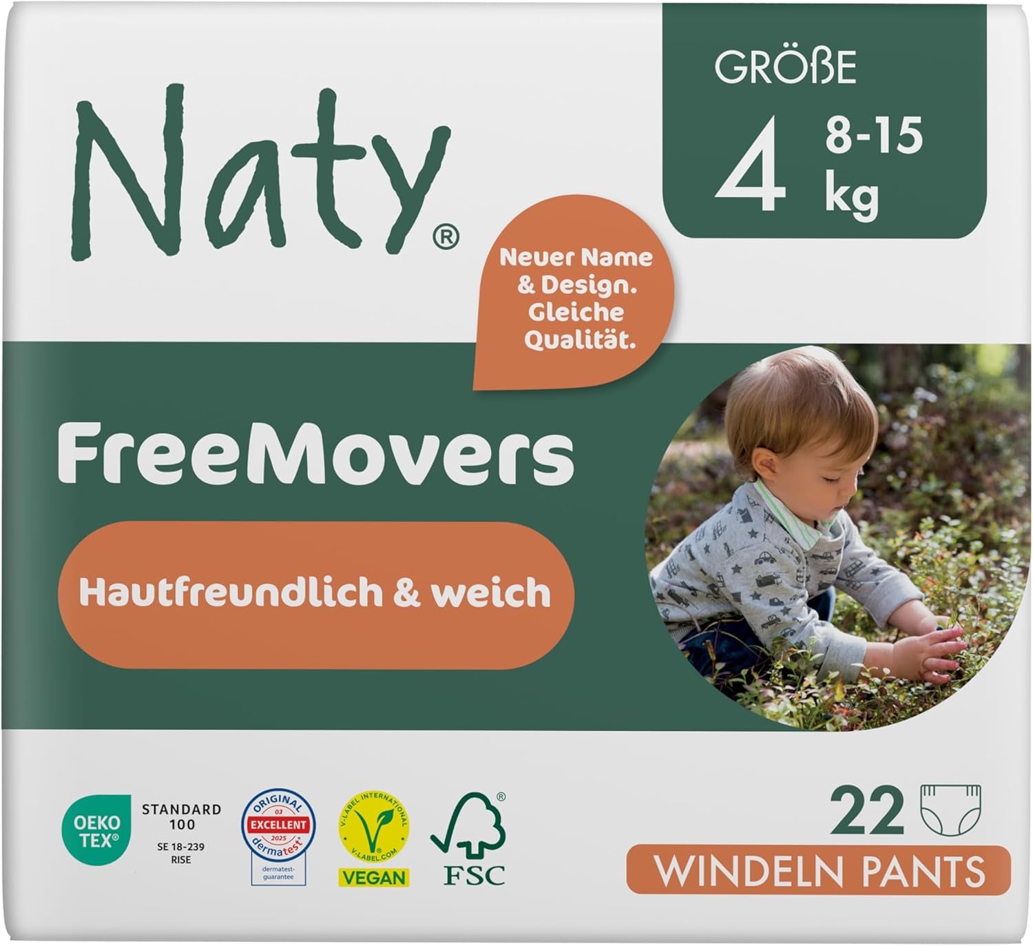 Naty FreeMovers Babywindeln | Zertifizierte hautfreundliche Windelüberhosen | Weich und parfümfrei | Saugfähig und auslaufsicher | Dermatologisch getestet Größe 5 (12–18 kg) | 80 Stück