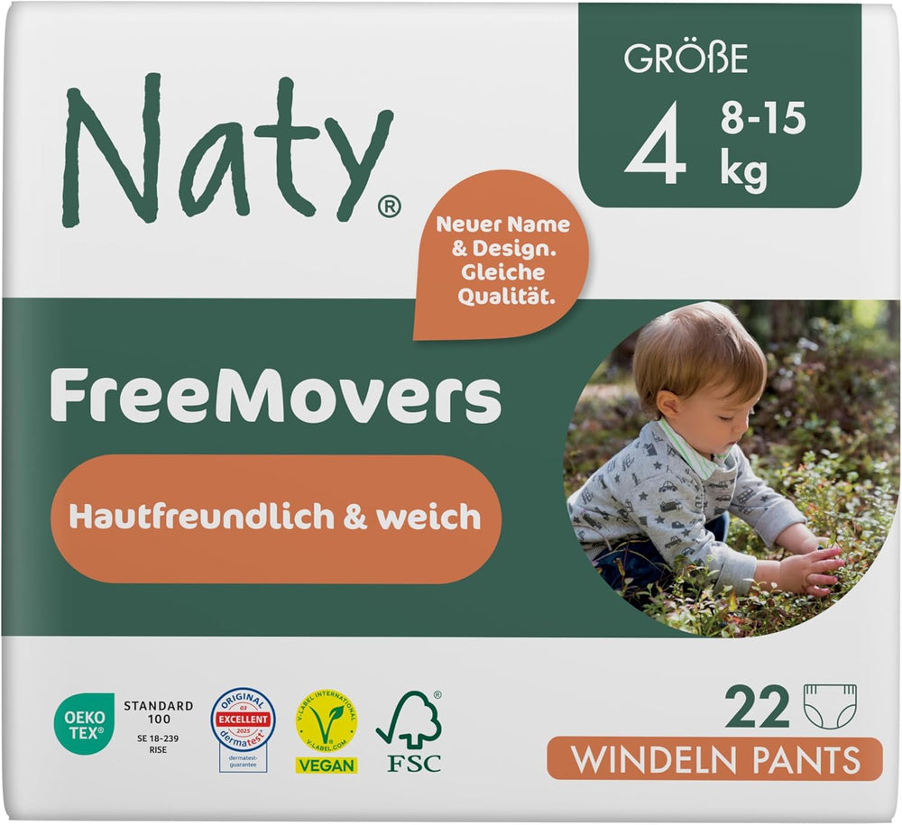 Naty FreeMovers Babywindeln | Zertifizierte hautfreundliche Windelüberhosen | Weich und parfümfrei | Saugfähig und auslaufsicher | Dermatologisch getestet Größe 5 (12–18 kg) | 80 Stück