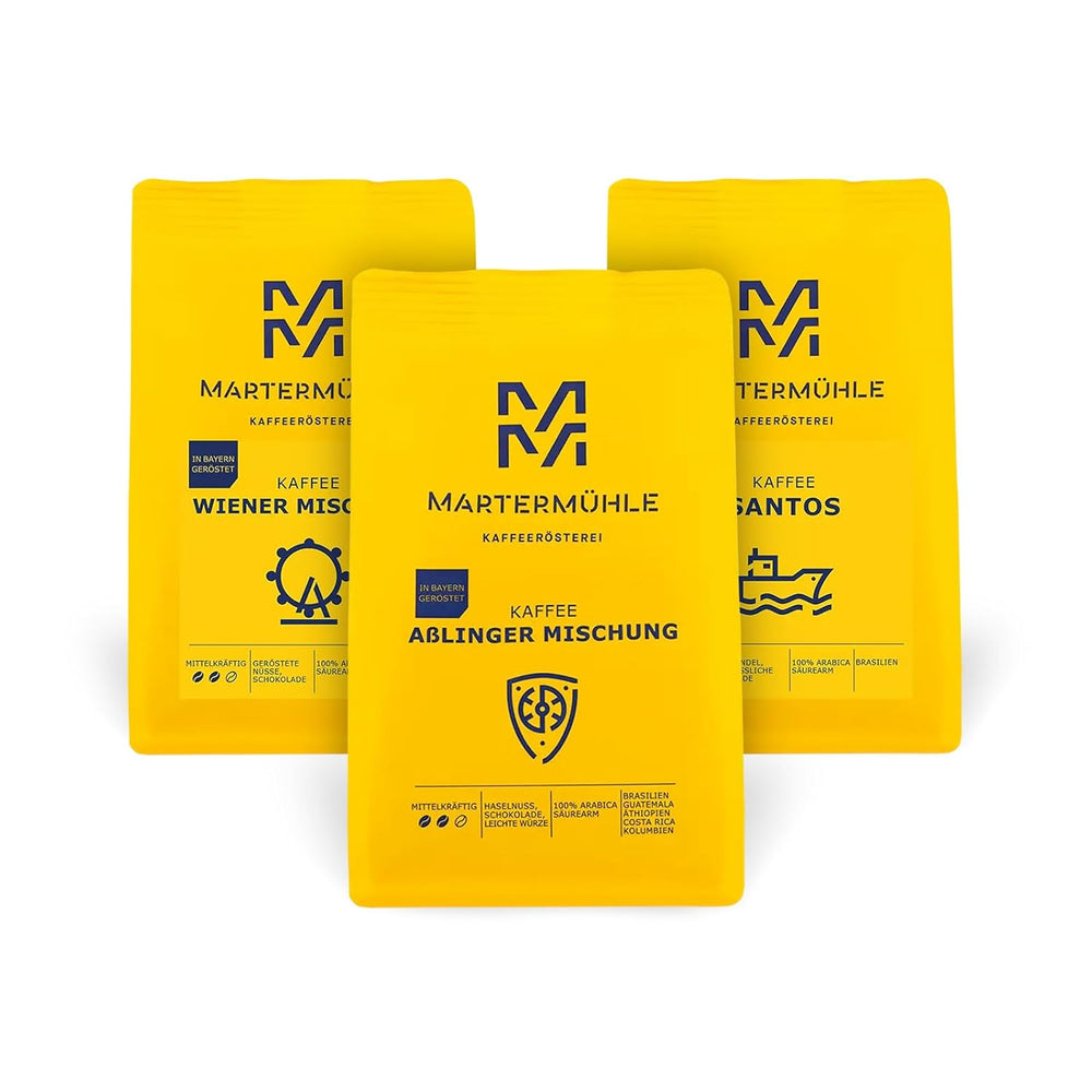 Set mostre boabe de cafea Martermühle 3x250g tărie ușoară/medie I Arabica I Boabe întregi de cafea prăjite ușor, aciditate scăzută (39/46/529)