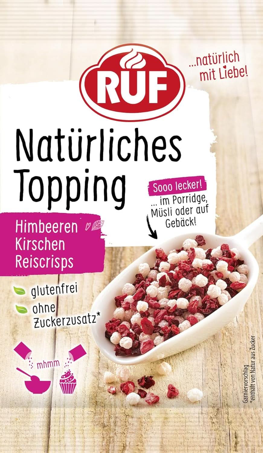 RUF Reischips, ohne künstliche Zusatzstoffe, Fruchtmischung für Brei und Gebäck, glutenfrei, vegan, 15 Gramm Streusel Naty Shop 15 Gramm Reis, Kirschen, Himbeeren