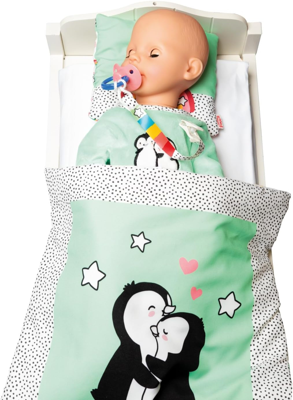 Heless 1181 - Salopă pentru păpușă cu design de pinguin cu buline, confecționată din velur moale cu broderie de înaltă calitate, mărimea 28 - 35 cm