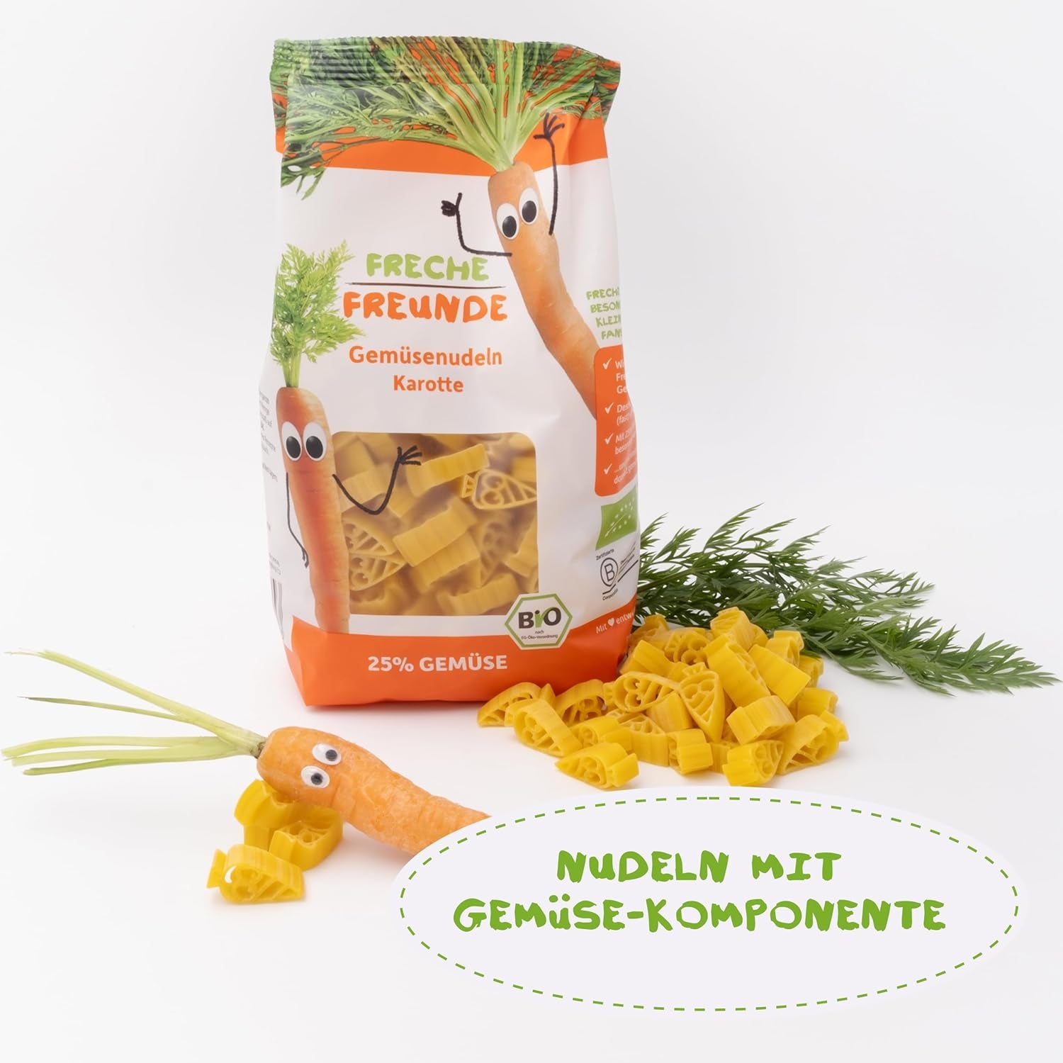 Freche Freunde Bio-Gemüsenudeln „Karotte“, 25 % Gemüseanteil, vegan, 6er-Pack (6 x 300 g)