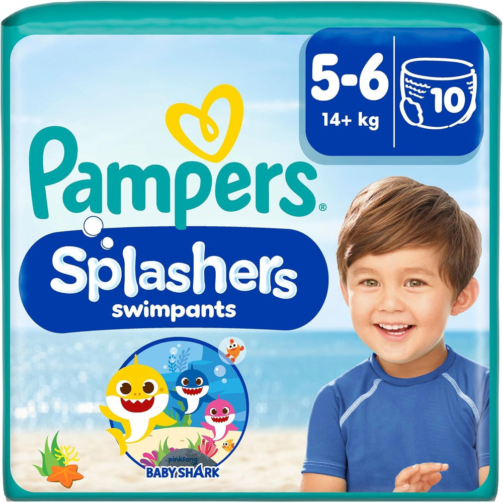 Pampers Größe 5–6 Splashers Baby Shark Limited Edition 10er-Pack Einweg-Schwimmwindeln für sicheren Wasserschutz
