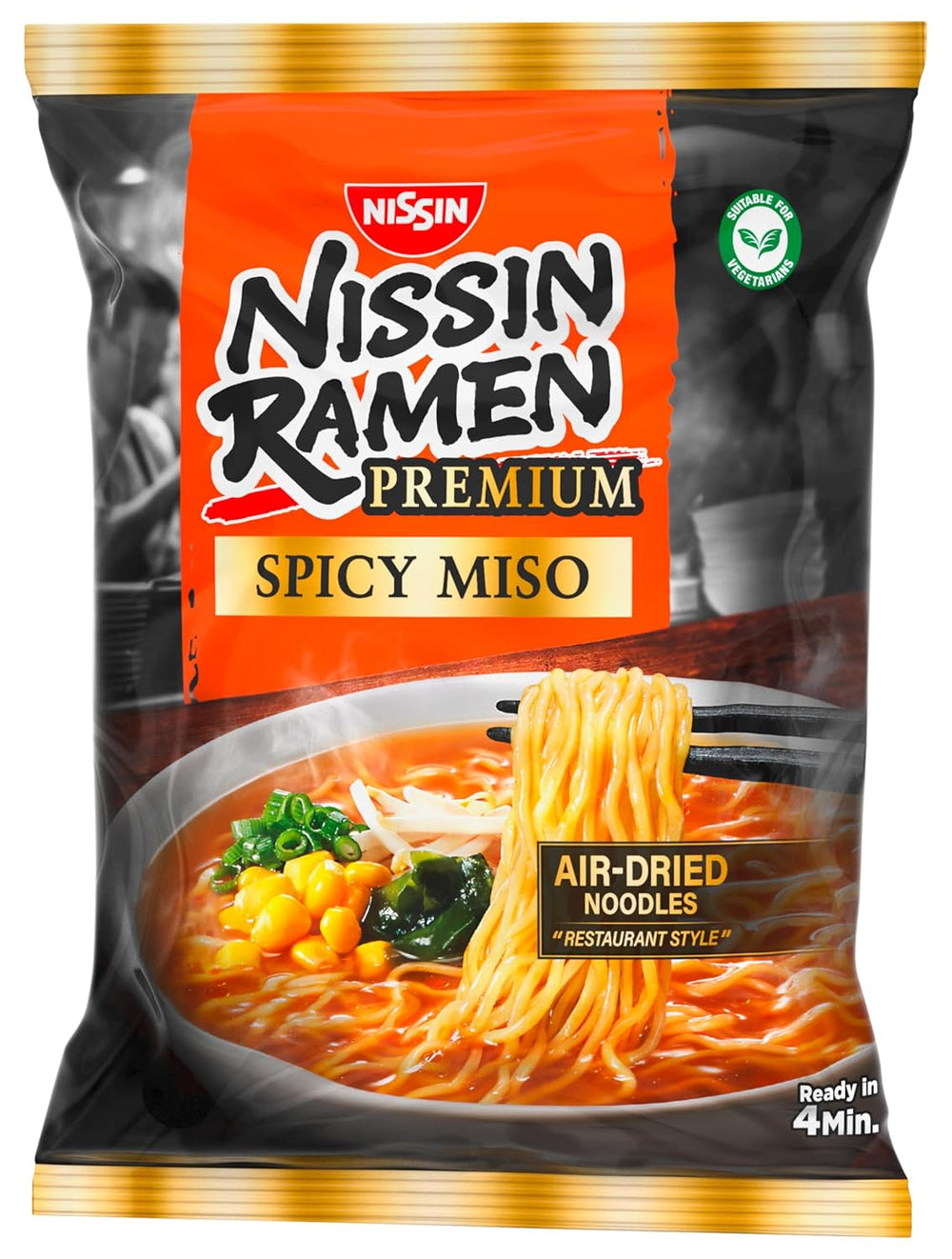 Nissin Ramen Premium – Miso Spicy 10er-Pack luftgetrocknete Instant-Nudeln nach japanischer Art für Ramen im „Restaurant-Stil“ mit einem leicht würzigen Geschmack von Miso und Wakame-Flocken (10 x 90,7 g)