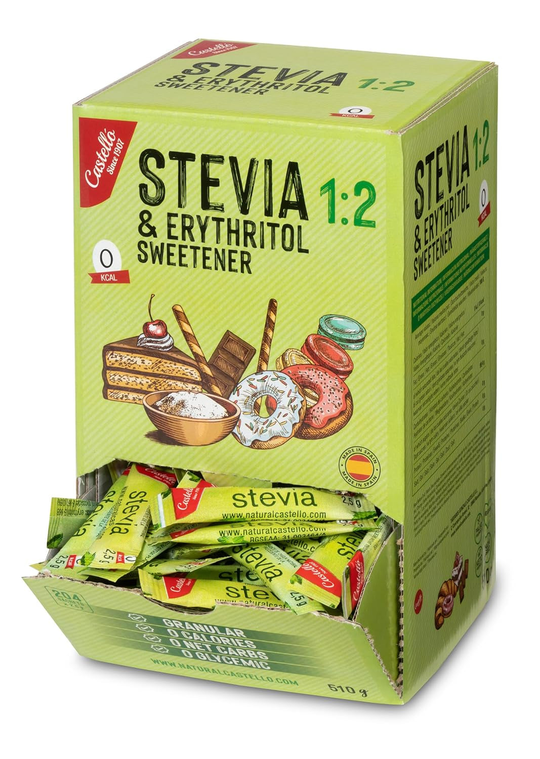 Stevia + Erythritol 1:2 Süßstoff | 204 Mythosbeutel 2,5 G | 100 % natürlicher Zuckerersatz – 0 Kalorien – 0 glykämischer Index – Keto und Paleo – 0 Kohlenhydrate – kein GVO – Castello seit 1907–510 G Süßstoffe Naty Shop Standardtitel