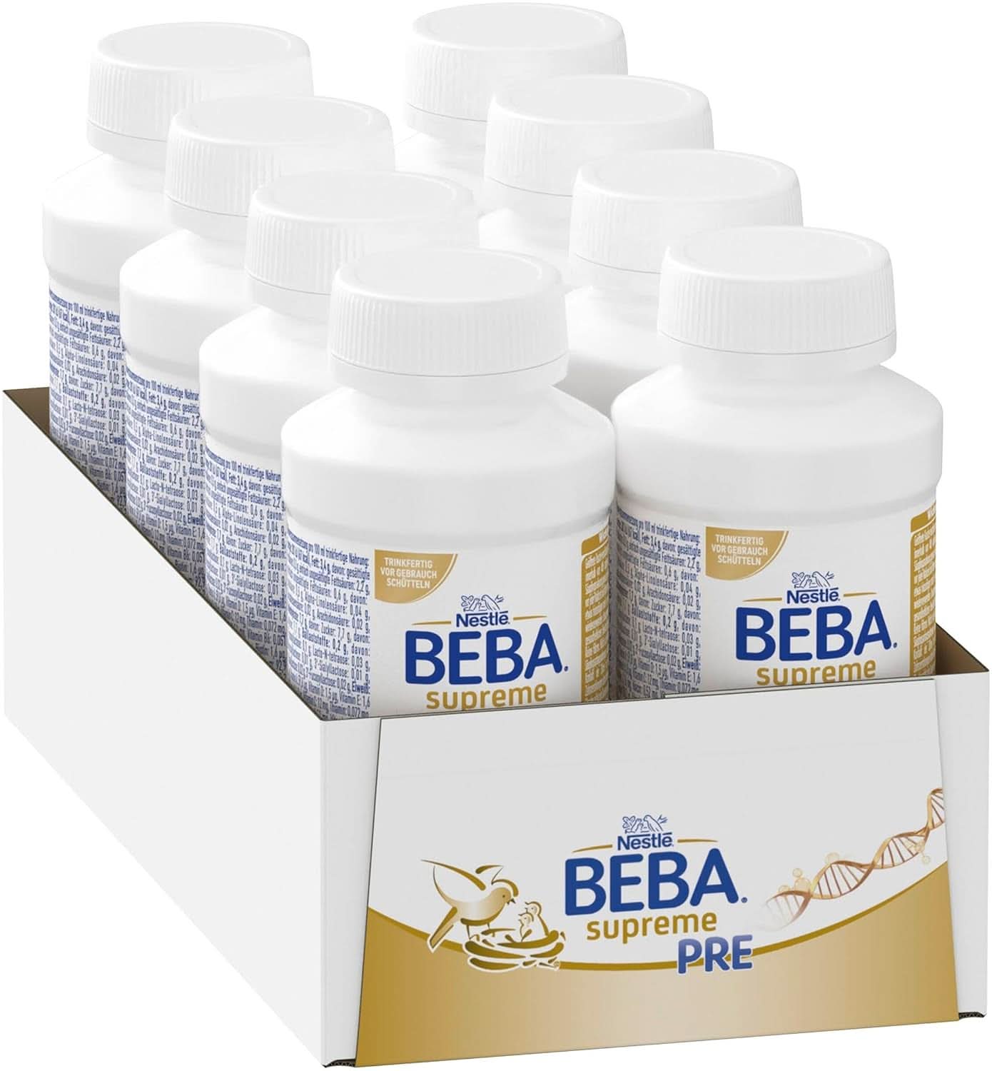 BEBA SUPREME PRE Anfangsmilch trinkfertig ab der Geburt, Babynahrung mit DHA, nur Laktose, palmölfrei, 8er Pack (8 x 200 ml) Mother and Baby Naty Shop Flaschenset 8 x 200 ml