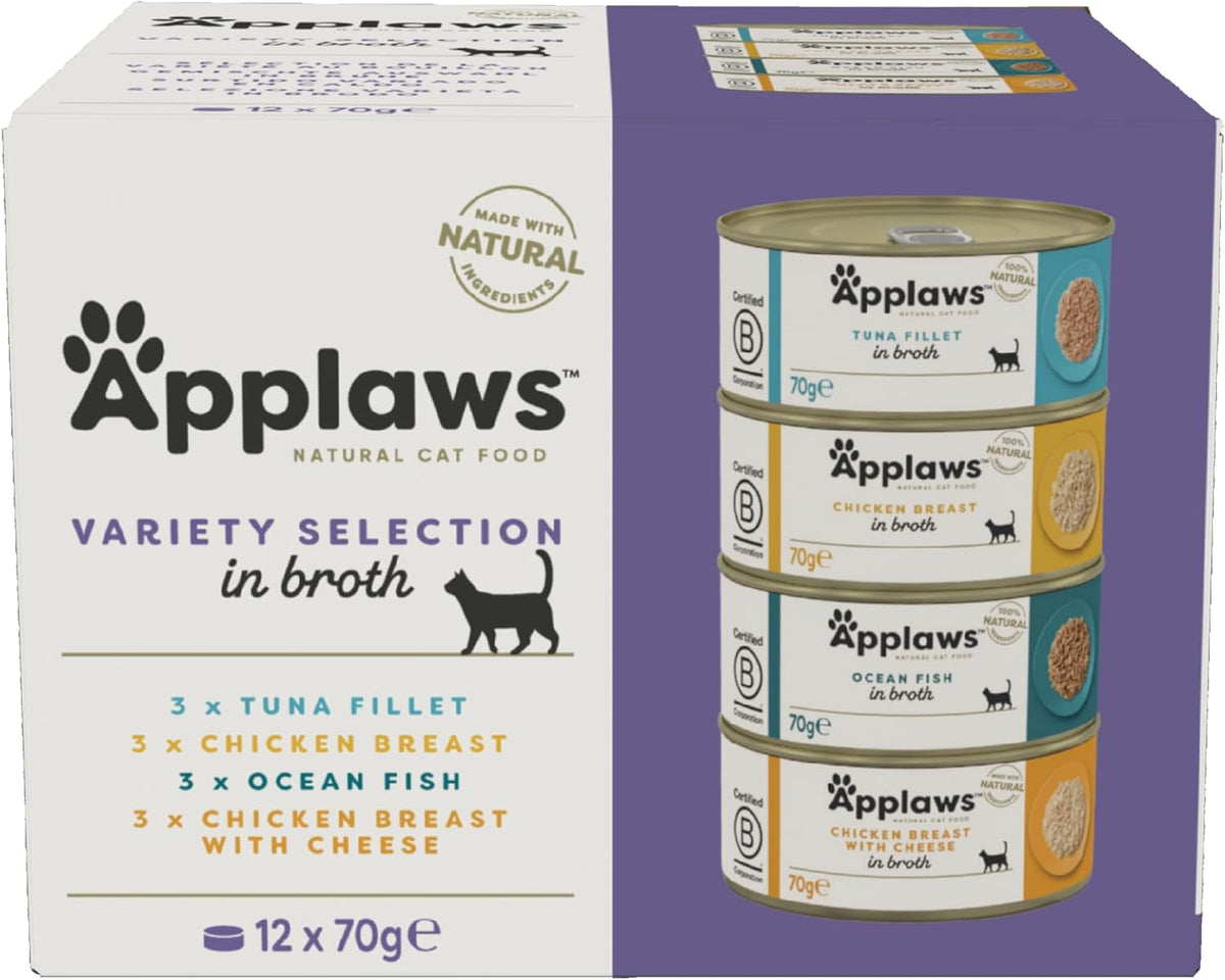 Applaws Hrană umedă premium 100% naturală pentru pisici adulte în bulion - Ton, pui, fructe de mare, selecție mixtă în bulion - Pachet de 12 conserve x 70 g