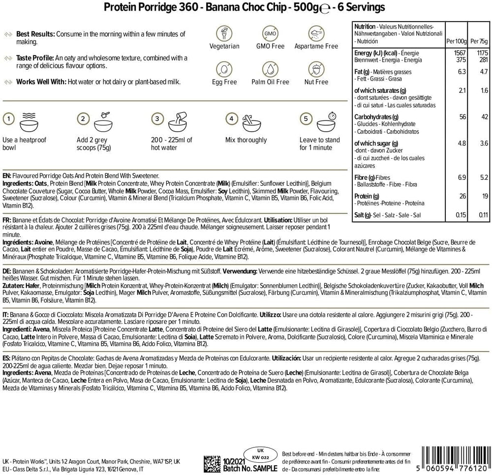 Protein Works - Protein Porridge 360 | Mit Zusätzlichen Vitaminen & Mineralien | Proteinreiches Frühstück | Kalorienarme Haferflocken | 6 Servings | Banane-Schoko-Chip | 500G Cereale Naty Shop