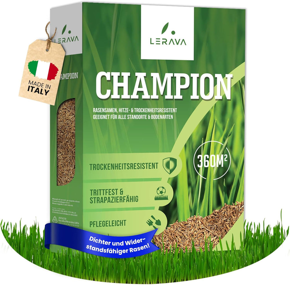 LERAVA CHAMPION Rasensamen (30 M²) - Trockenresistent & Trittfest - Schnellkeimender Grassamen Für Dichten Rasen - Strapazierfähige Nachsaat Herbst - Ideal Für Spiel- & Sportrasen