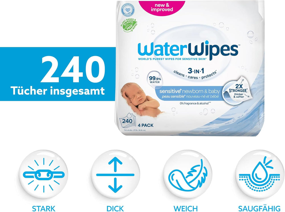 WaterWipes Sensitive+ Feuchttücher für Neugeborene und Babys, 240 Stück (4er-Pack), 3-in-1-Reinigung, Pflege, Schutz, 99,9 % Wasser, parfümfrei