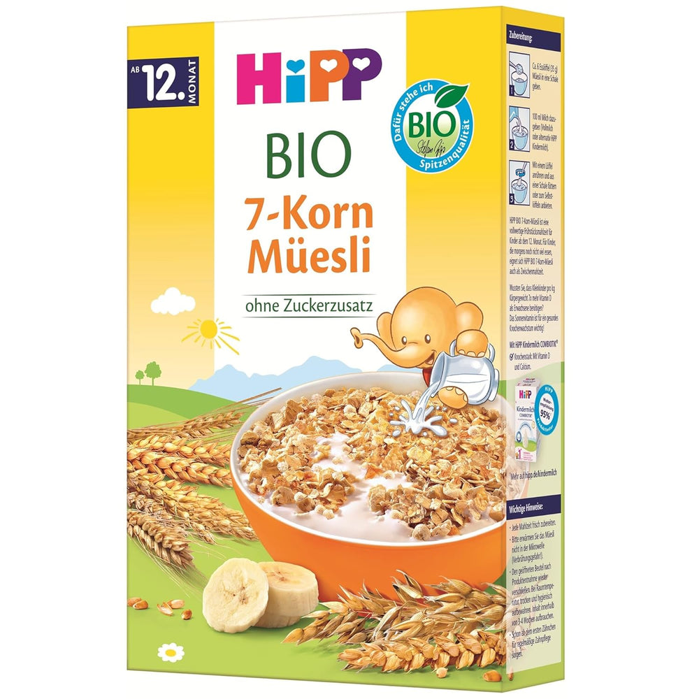 HiPP Bio-Müsli mit 7 Körnern (8 x 200g), ab 12 Monaten, ohne Zuckerzusatz, extrafeine Stücke – leicht zu kauen, beste Bio-Qualität