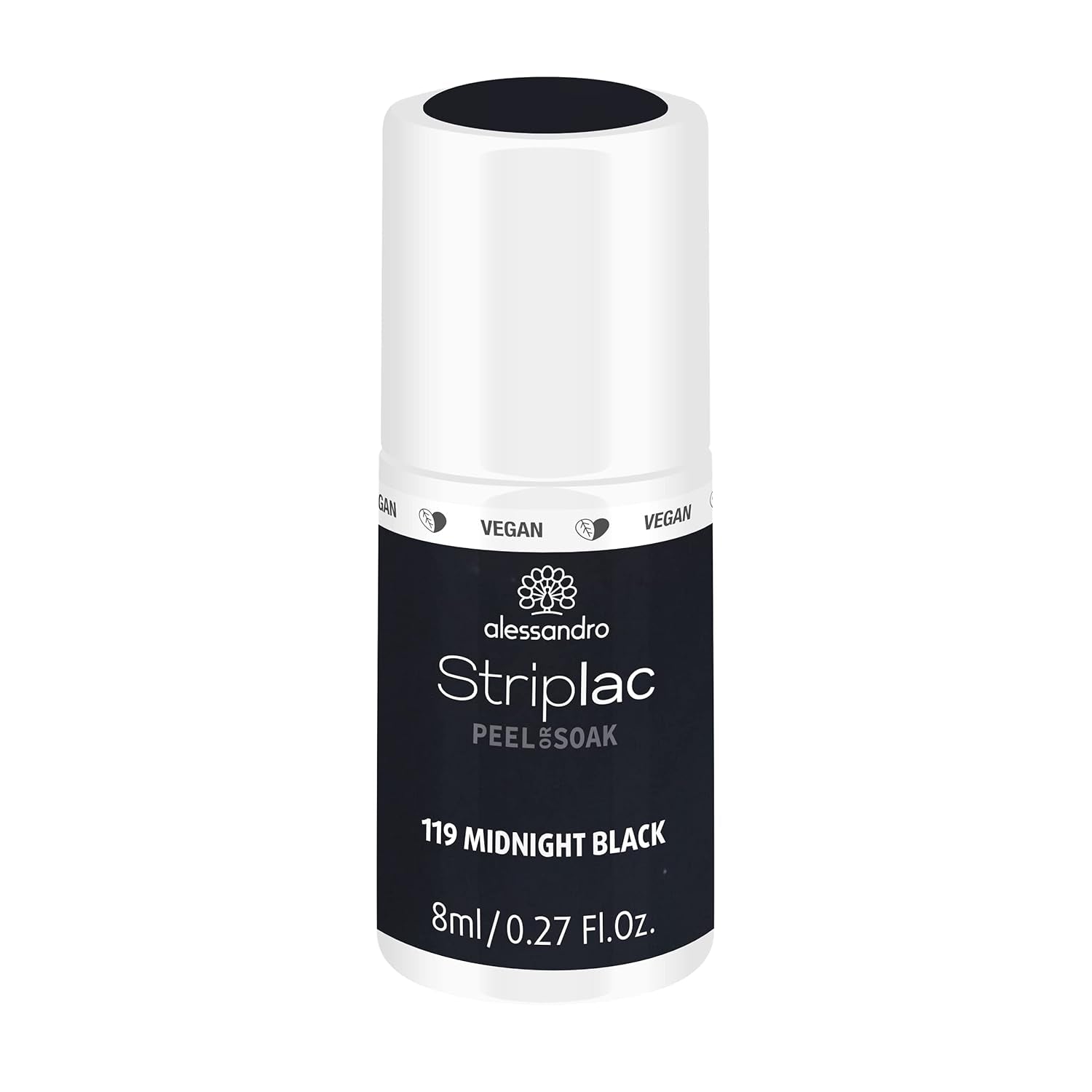 UV-Nagellack alessandro Striplac Midnight Black – Zart und langanhaltend – Einfache Entfernung dank Peel-Off-Entfernungstechnologie – Vegan und tierversuchsfrei – 8 ml