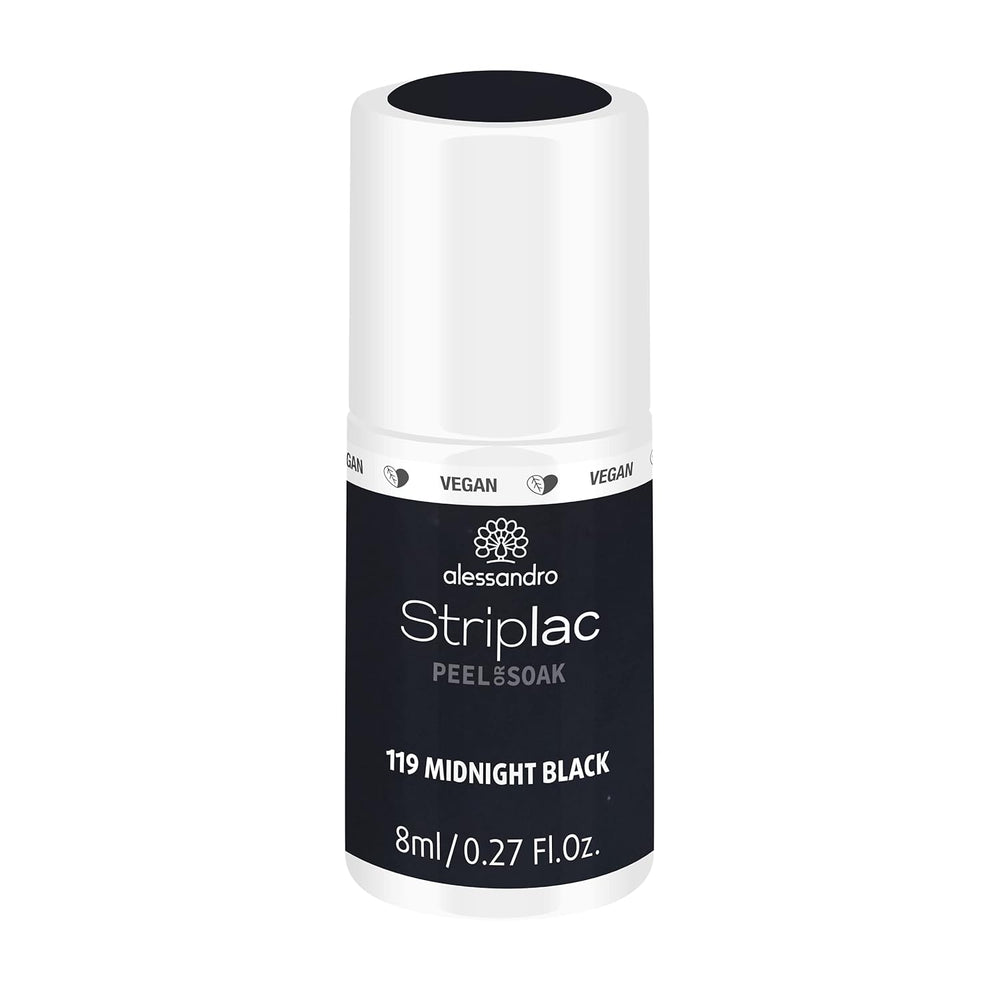 UV-Nagellack alessandro Striplac Midnight Black – Zart und langanhaltend – Einfache Entfernung dank Peel-Off-Entfernungstechnologie – Vegan und tierversuchsfrei – 8 ml