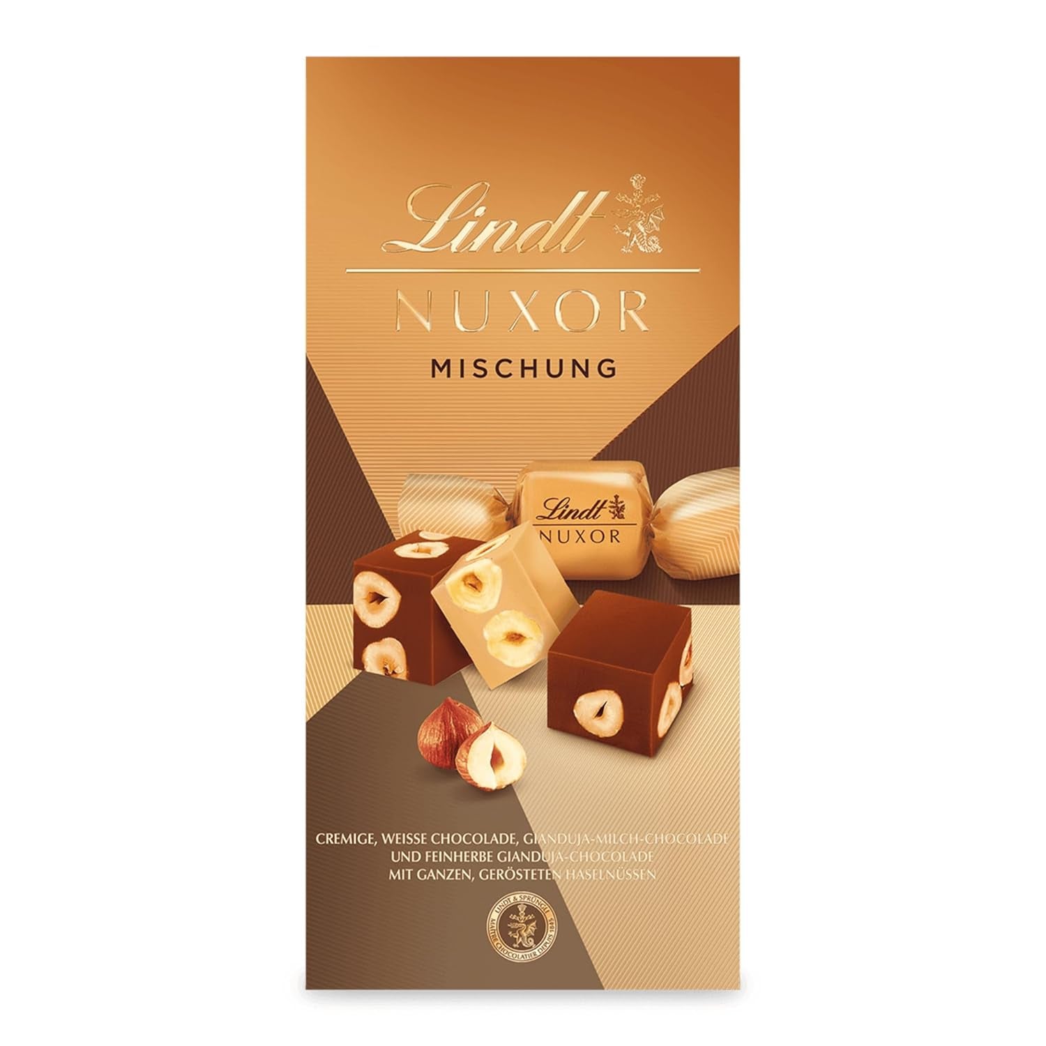 Lindt-Schokolade | Mischung für Beutel NUXOR | 103g | Cremige Gianduja-Schokoladenwürfel in drei Sorten mit gerösteten ganzen Haselnüssen | Schokoladengeschenk