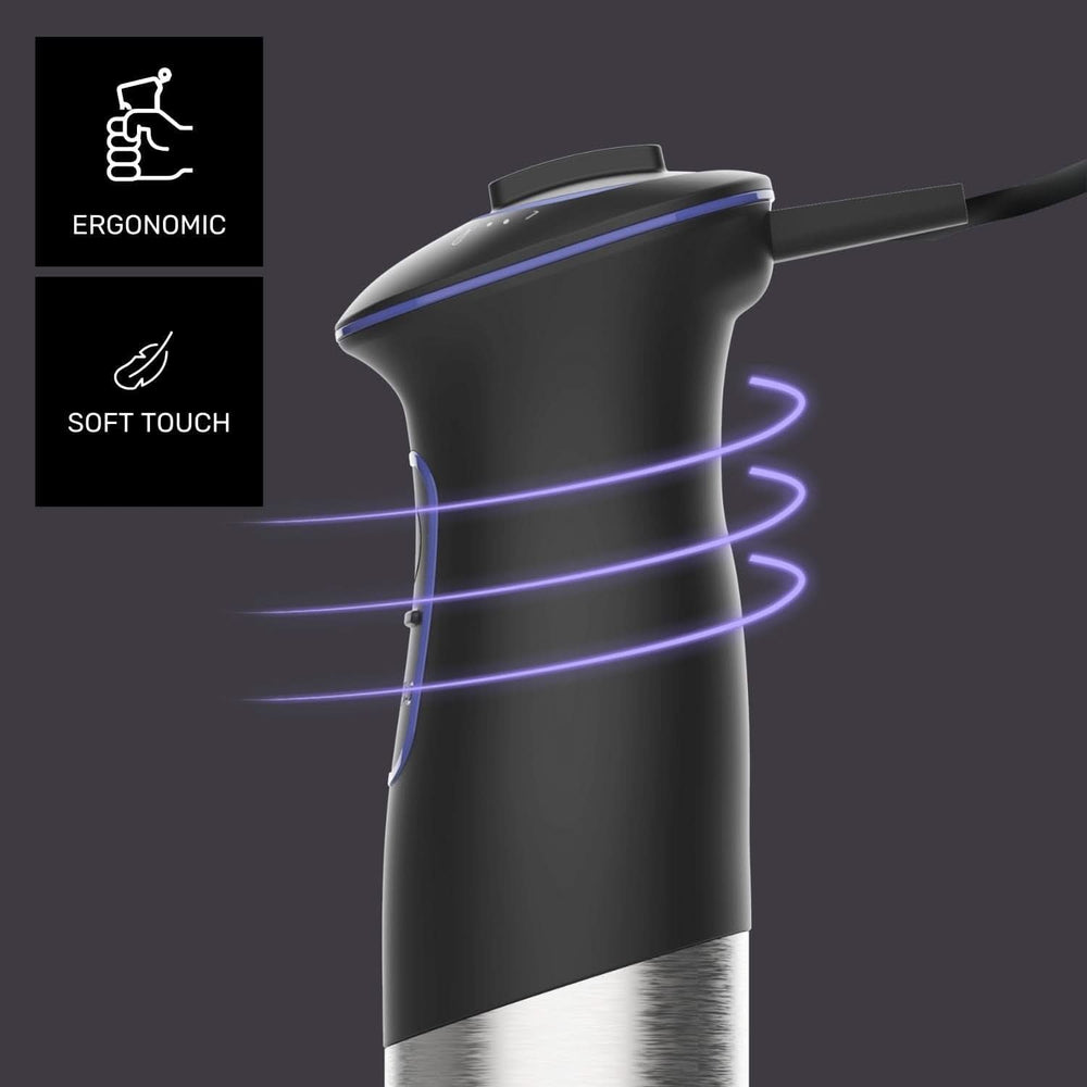 Taurus Stabmixer 1000W | 20 Geschwindigkeitsstufen | Turbo-Funktion | 4 Edelstahlklingen | Ergonomisches Soft-Touch-Design | Spritzschutz | Zubehör | Edelstahl | Elektrisch |Kunststoff, Silber/Schwarz Mama si Copilul Naty Shop