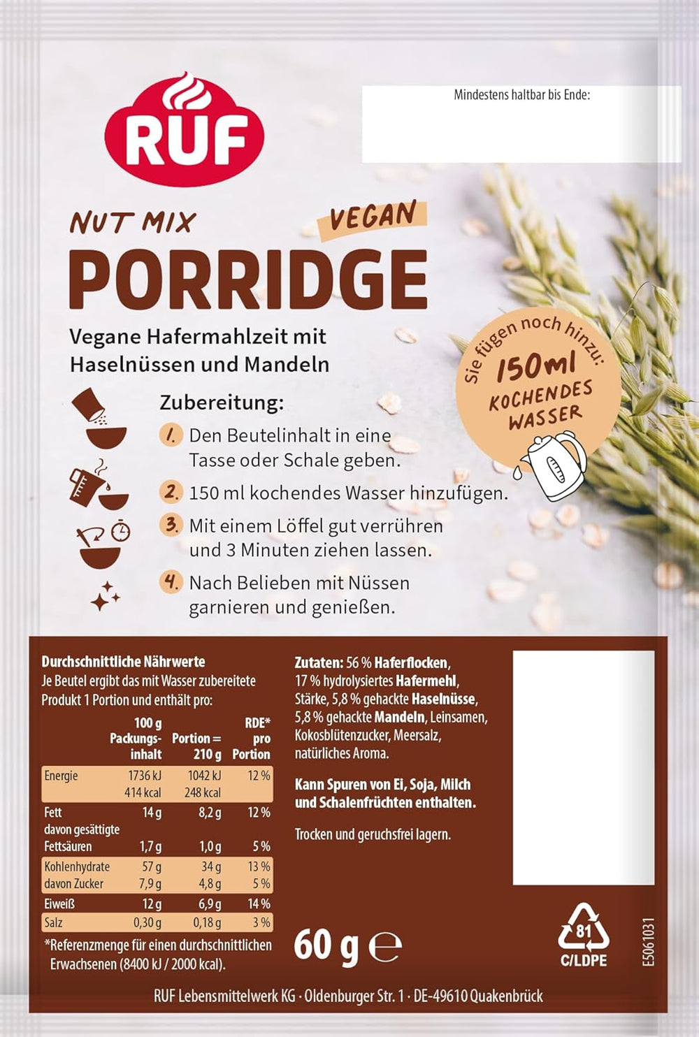 RUF Veganer Porridge mit Nüssen und Hafer, Haferflocken mit Mandeln, Haselnüssen und Leinsamen, einfach zuzubereiten, im praktischen Portionsbeutel, 1 x 60 g