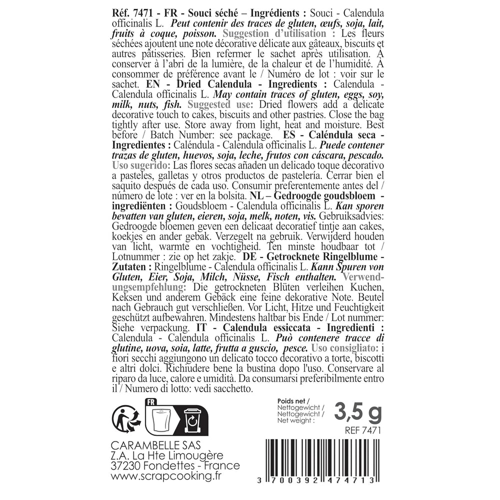 ScrapCooking – Getrocknete Ringelblumen 3,5 g – Essbare Blumen – Lebensmitteldekorationen zum Backen – Für Desserts, Kuchen, Torten, Muffins – Weihnachten, Frühling, Geburtstag – Goldgelb – 7471