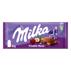 Milka Trauben und Haselnüsse – Alpenmilchschokolade mit Haselnuss- und Rosinenstückchen – 90g