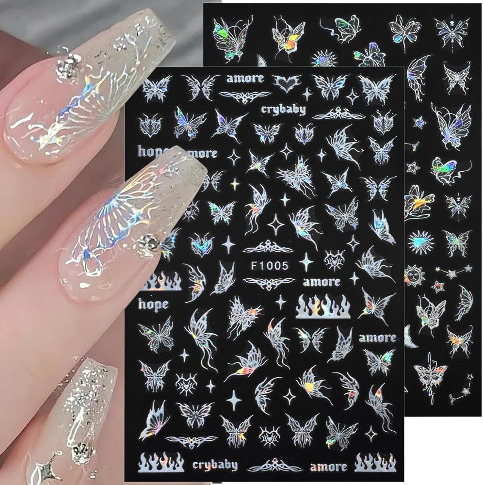 4 Blätter Holographisch Laser Weiß Schmetterling Nagelsticker,Y2K Aurora Schmetterlinge Stern Nail Sticker 3D Flamme Herz Nageldesign Nagelsticker Selbstklebend Nagel Sticker Nagel Zubehör Nail Art