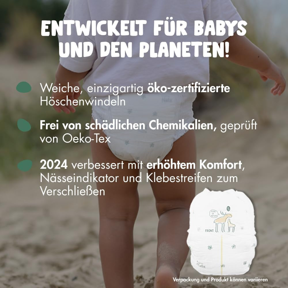 Naty FreeMovers Babywindeln | Zertifizierte hautfreundliche Windelüberhosen | Weich und parfümfrei | Saugfähig und auslaufsicher | Dermatologisch getestet Größe 5 (12–18 kg) | 80 Stück