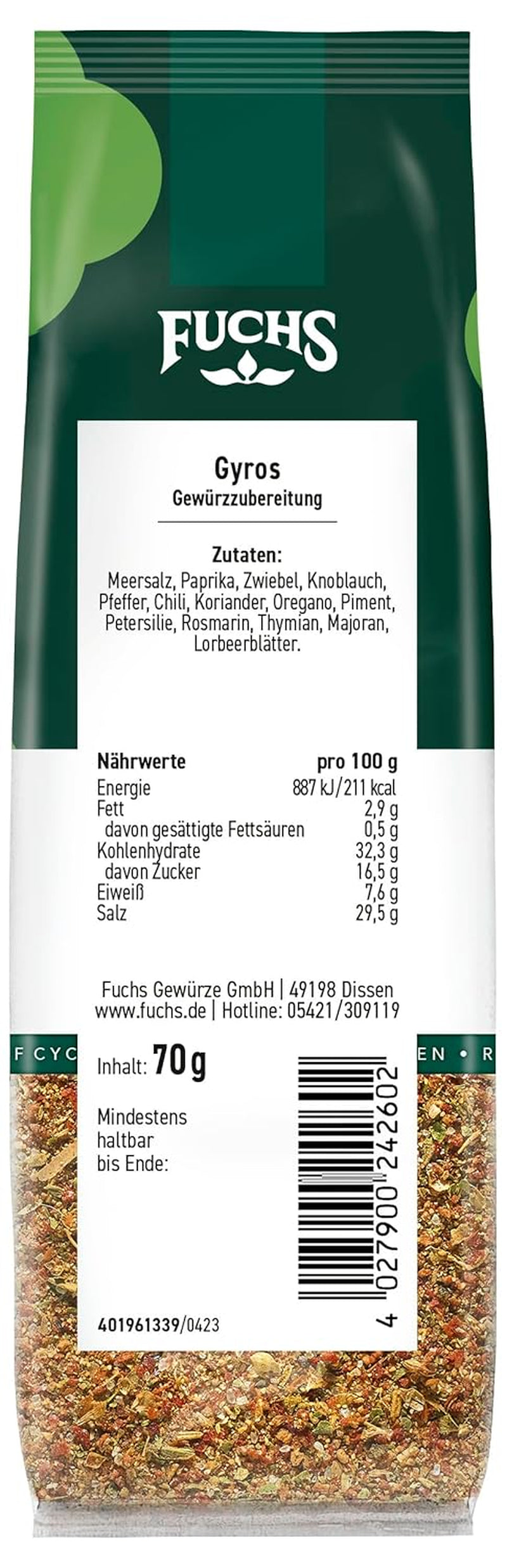 Fuchs Gewürze - Gyros Gewürzzubereitung im recyclebaren Nachfüllbeutel, Gewürzmischung mit ausgewählten Kräutern für Rind und Schweinefleisch - 70 g