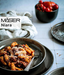 MÄSER 934020 Seria Niara, Set de veselă modern pentru 6 persoane într-un aspect vintage incitant, Set de mic dejun din ceramică cu 18 piese, gri și negru, Gresie