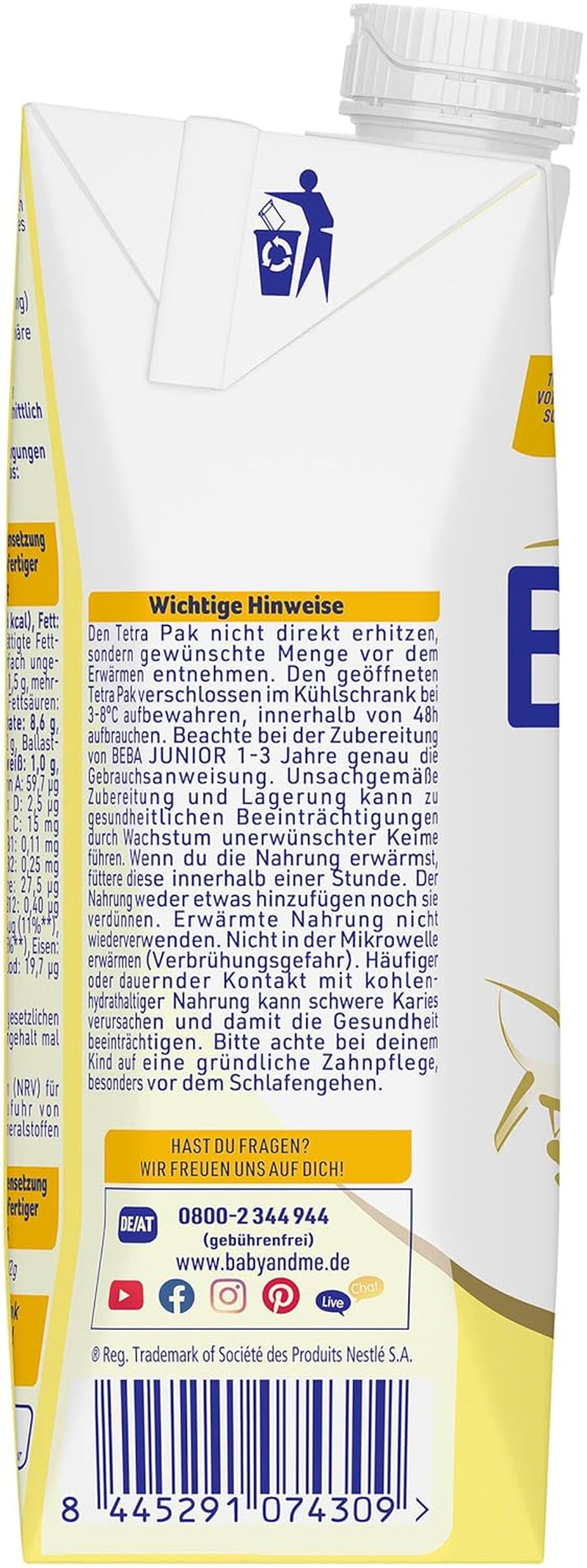 BEBA Junior trinkfertiges Milchgetränk 1-3 Jahre, mit HMO, altersgerechter Proteingehalt, palmölfrei, fischölfrei, Kleinkindnahrung, 12er Pack (12 x 500 ml)