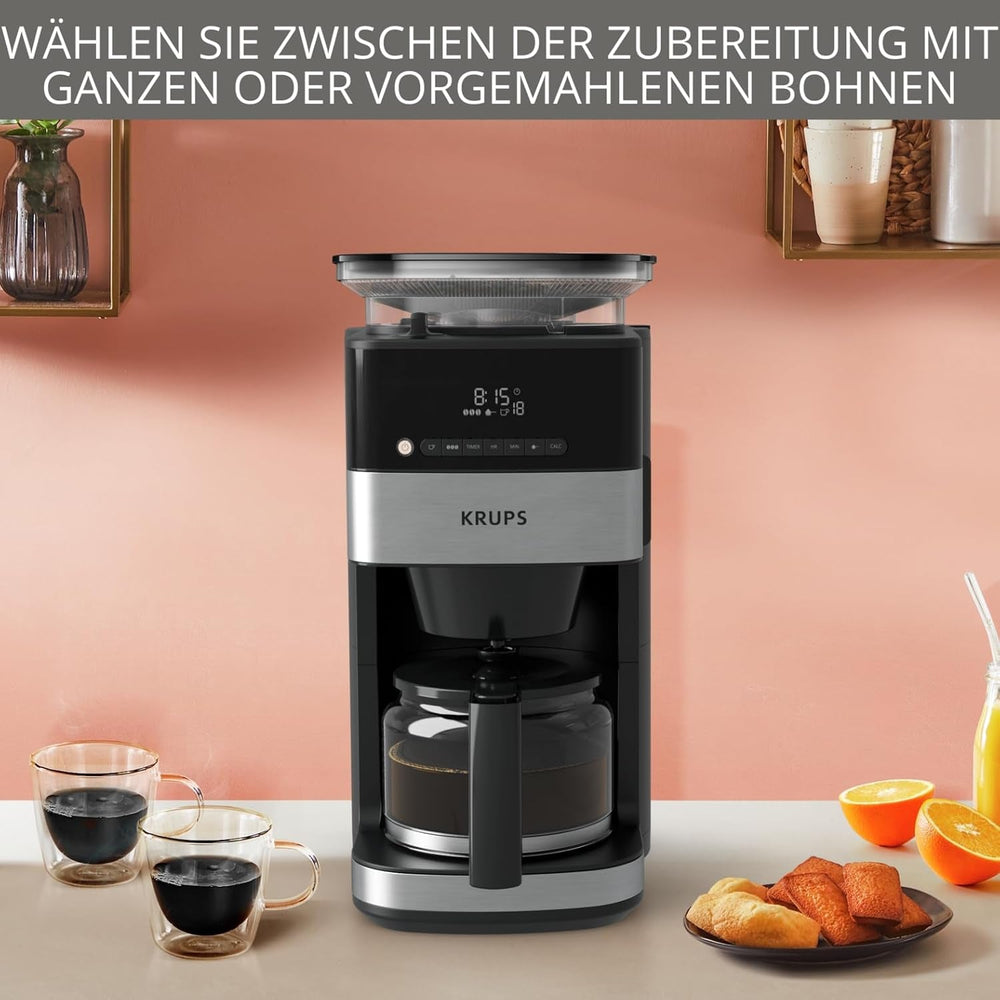 Espressor Krups KM8328 Grind cu râșniță | Cronometru 24 de ore | Recipient boabe 180 g | Capacitate 1,25 l pentru până la 15 cești de cafea | Funcție de oprire automată | 3 setări de măcinare | Negru