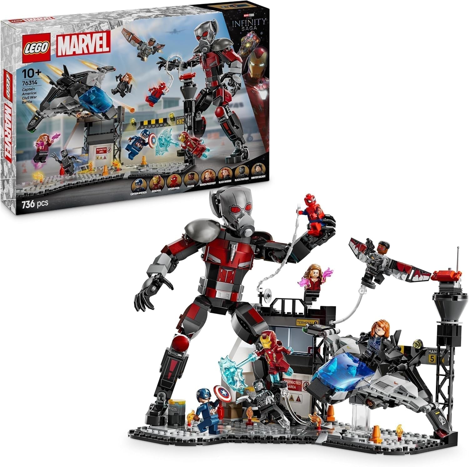 LEGO Marvel Captain America: Civil War Actionduell – Superhelden-Spielset mit 8 Minifiguren – Spielzeugflugzeug-Bau- und Spielset – Geschenk für Jungen und Mädchen 76314 Bausets Besuche den LEGO-Store Standardtitel