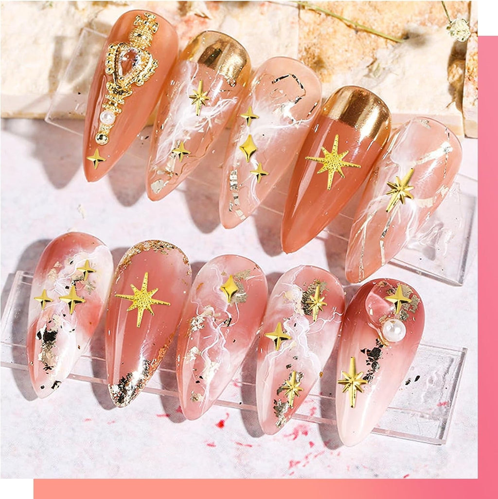 400 Stück Gold Silber Stern Nail Charms Nägel, 3D Metall Star Nagelkunst Dekorations, Star Nail Design Gemischt Größe Form Nägel Zubehör