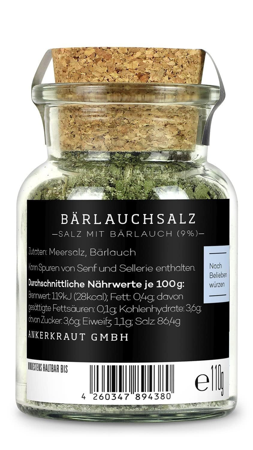 Ankerkraut Bärlauch Salz, Lecker Fleisch und Salat Verfeinern, Knoblauchartiges Gesmack Aroma, Kräuter mit Gewürzen zum Kochen, 110 g im Korkenglas