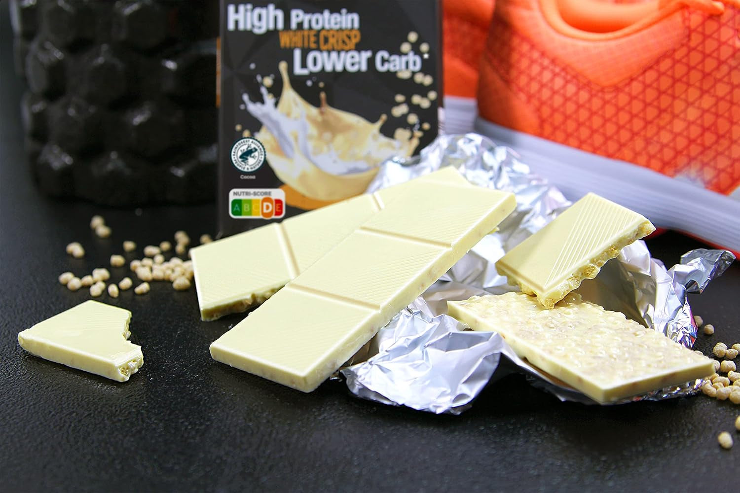 frankonia CHOCOLAT POWER MOTION ohne Zuckerzusatz – Knusprige weiße Schokolade mit hohem Protein- und niedrigem Kohlenhydratanteil, 90 g