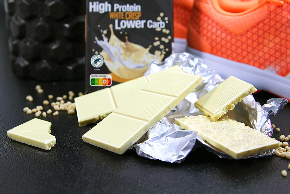 frankonia CHOCOLAT POWER MOTION ohne Zuckerzusatz – Knusprige weiße Schokolade mit hohem Protein- und niedrigem Kohlenhydratanteil, 90 g