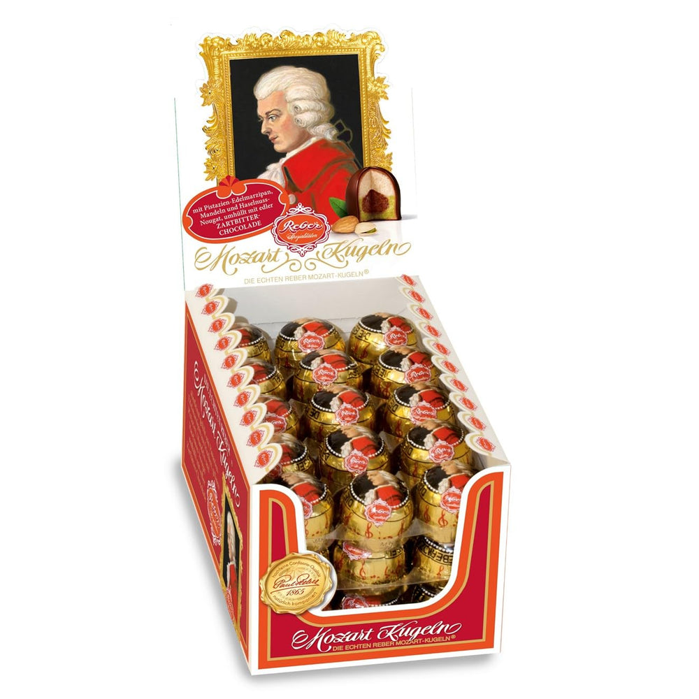 Reber Mozartkugeln, Geschenkbox 4x45, dunkle Schokoladenkugeln gefüllt mit Pistazien, Marzipan, Mandeln und Haselnussnougat, 3,6 kg (180 Stück)