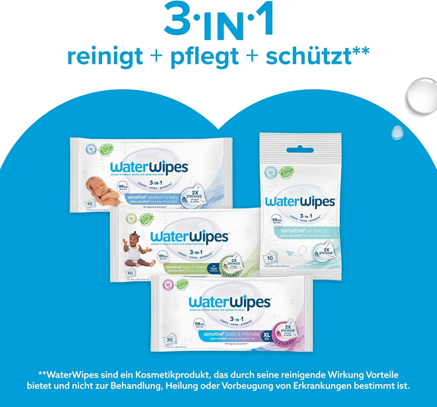 WaterWipes Sensitive+ Feuchttücher für Neugeborene und Babys, 540 Stück (9 Packungen), 3-in-1 Reinigung, Pflege, Schutz, 99,9 % Wasser, parfümfrei