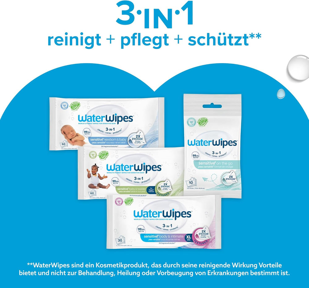 WaterWipes Sensitive+ Feuchttücher für Neugeborene und Babys, 540 Stück (9 Packungen), 3-in-1 Reinigung, Pflege, Schutz, 99,9 % Wasser, parfümfrei