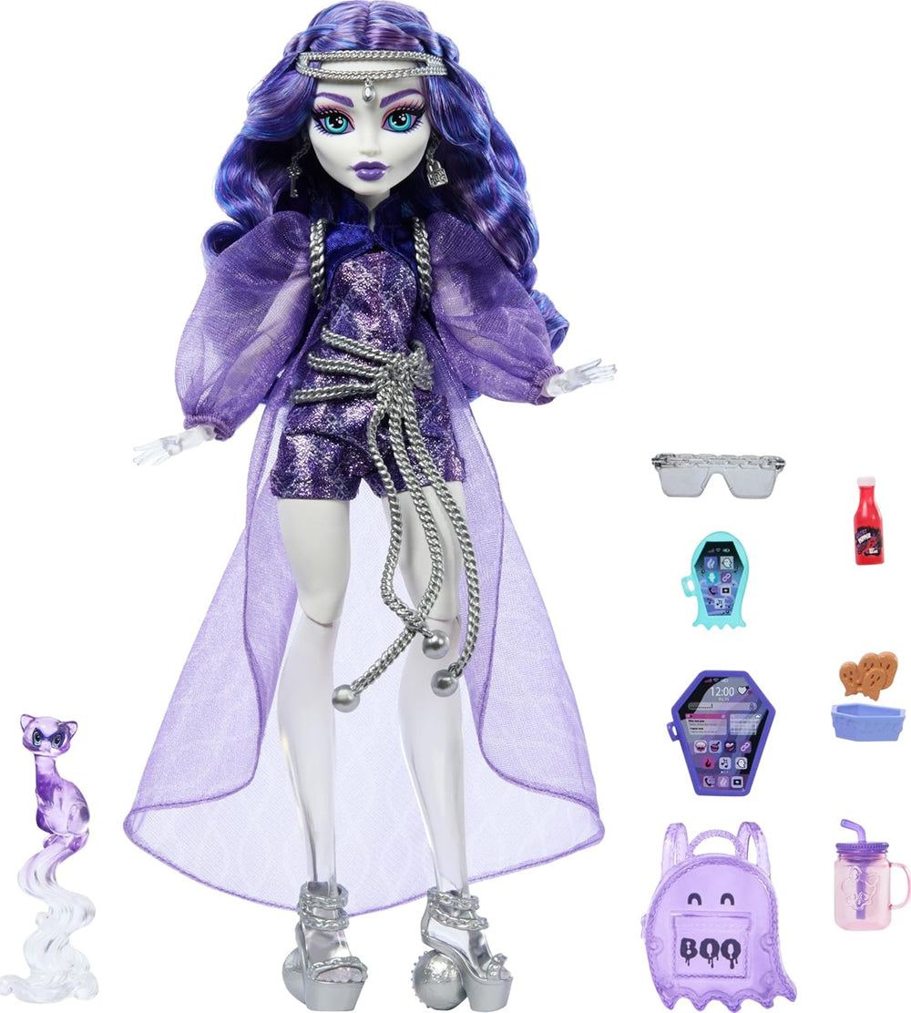 Păpușa Monster High Spectra Vondergeist cu dihorul Rhuen și accesorii precum rucsac, tabletă, gustări și multe altele, HXH77