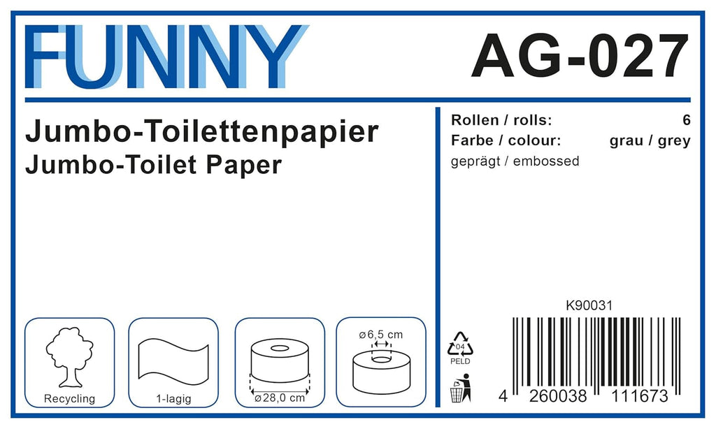 Funny AG-027 hârtie igienică jumbo, 1 strat, reciclată, diametru 28 cm (pachet de 6)
